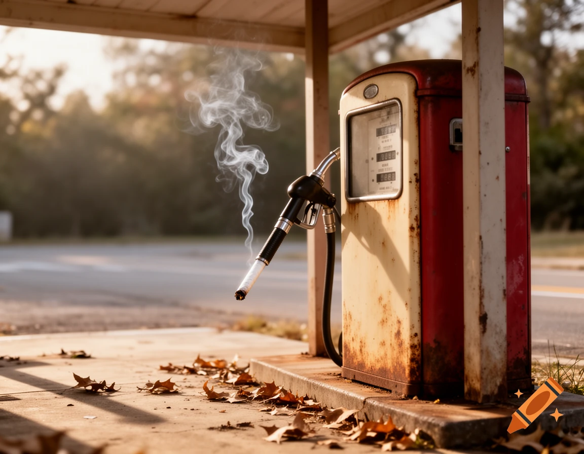 A rusty vintage gas pump under a canopy with a lit cigarette in its nozzle, surrounded by autumn leaves.