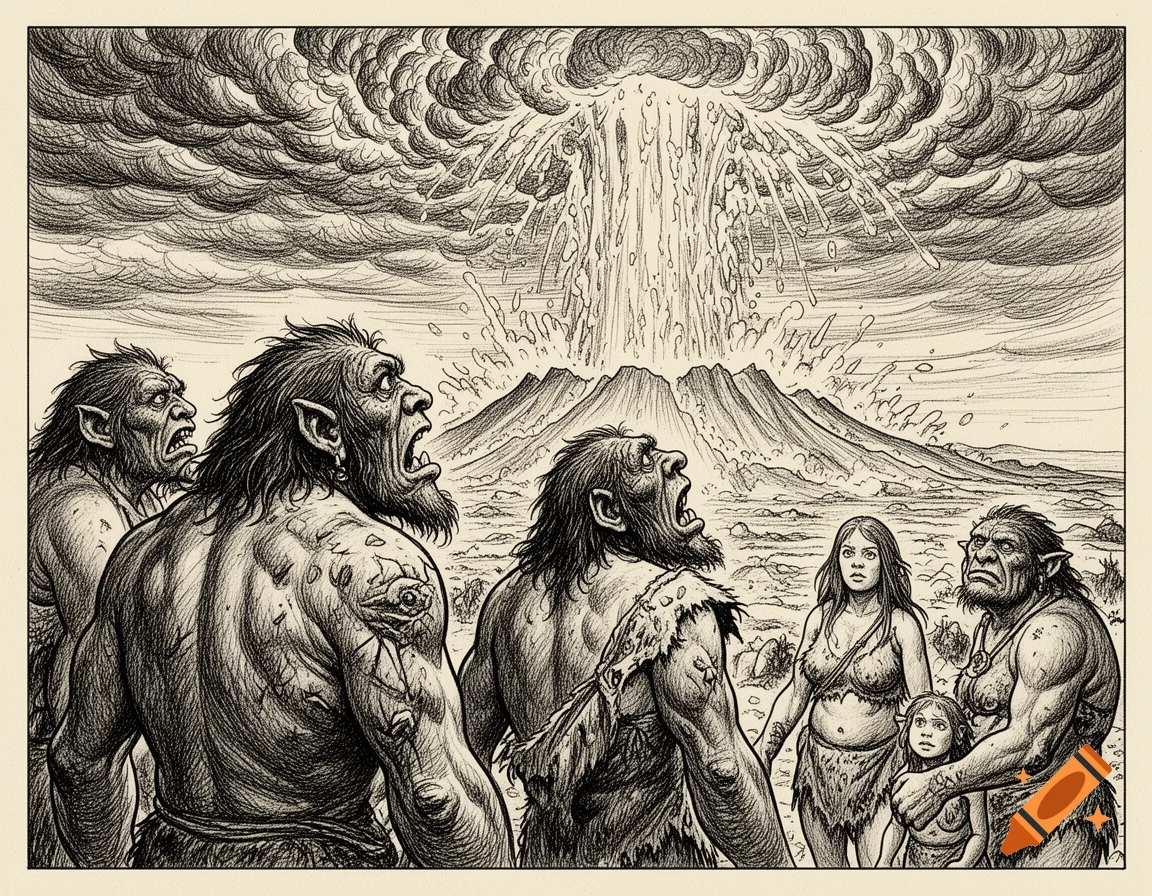 Primitive, muscular figures, including men, women, and a child, watch a massive volcanic eruption in a vintage ink drawing.