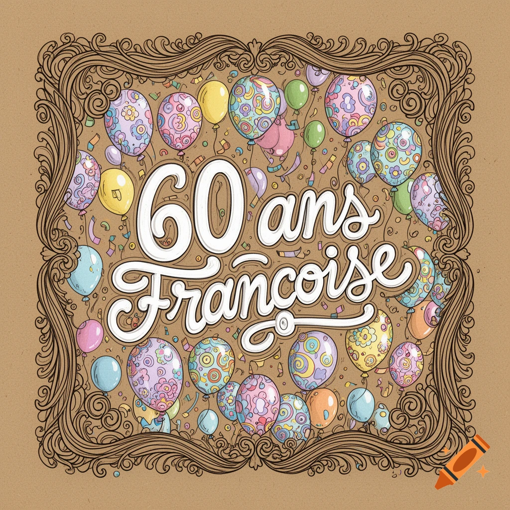 Kraft paper illustration in Mr Doodle style with decorative frame, pastel balloons, confetti, and '60 ans Fran has been omitted for brevity.