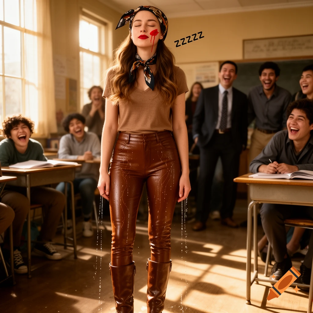 A woman stands in a classroom with red marks on her face and water dripping from her leather pants, as students laugh.