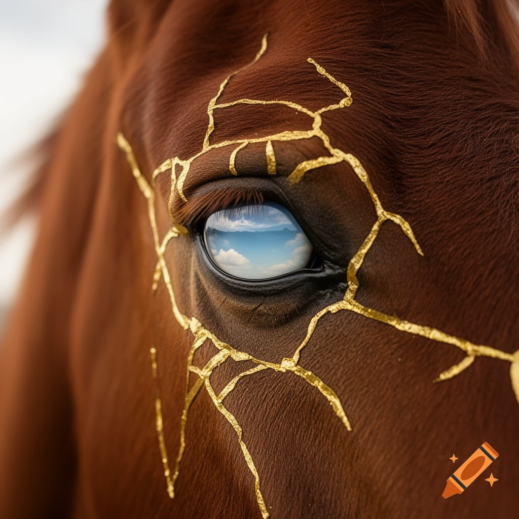 Close-up of a brown horse's eye with golden kintsugi-style cracks on its fur, reflecting a cloudy sky.