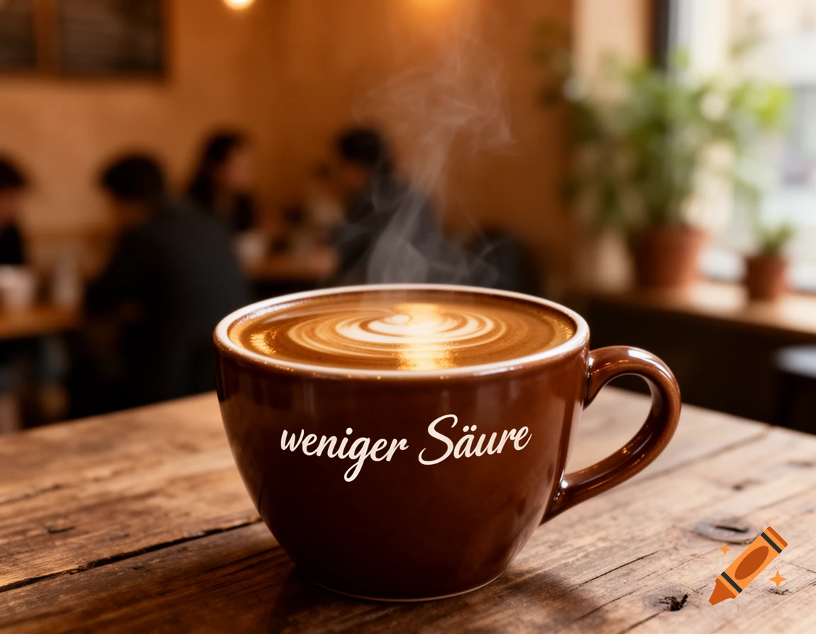 A steaming brown coffee cup with latte art and the text "weniger Säure" on a wooden table in a cozy cafe.
