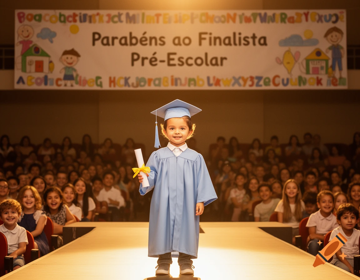 A smiling young child in a blue graduation gown and cap holds a diploma on a stage.