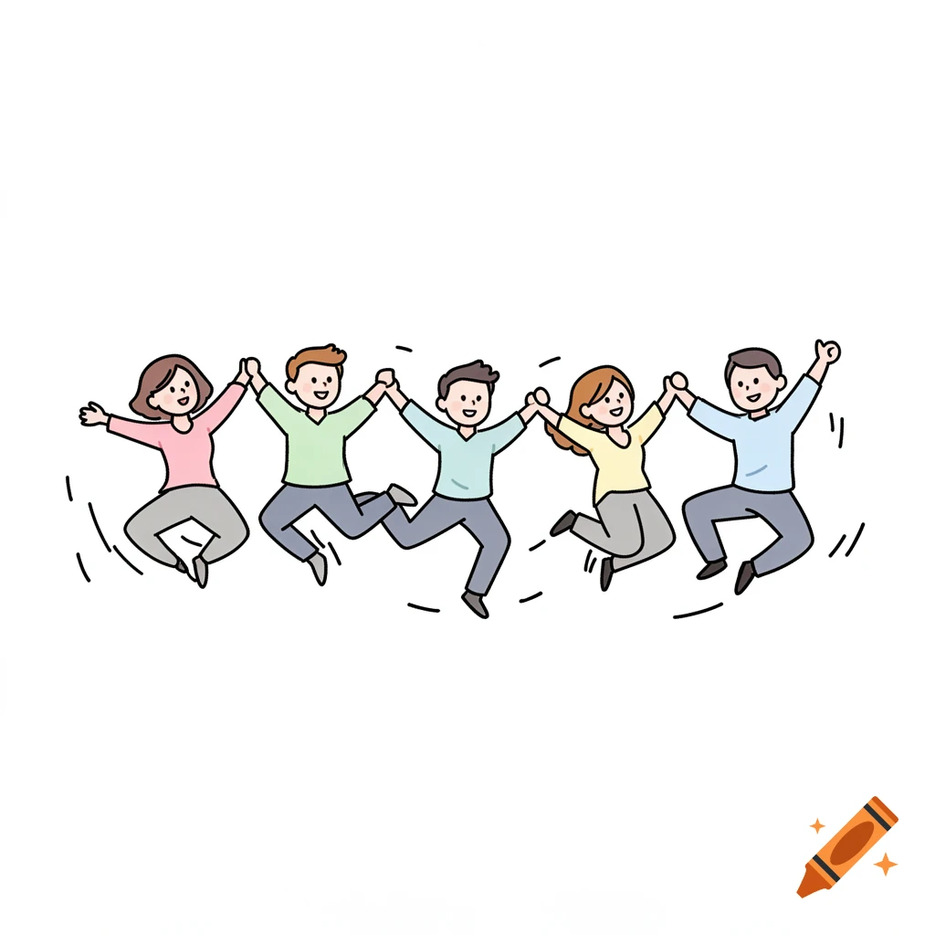 Five diverse cartoon people jumping in unison while holding hands, a flat vector illustration symbolizing teamwork and connection.