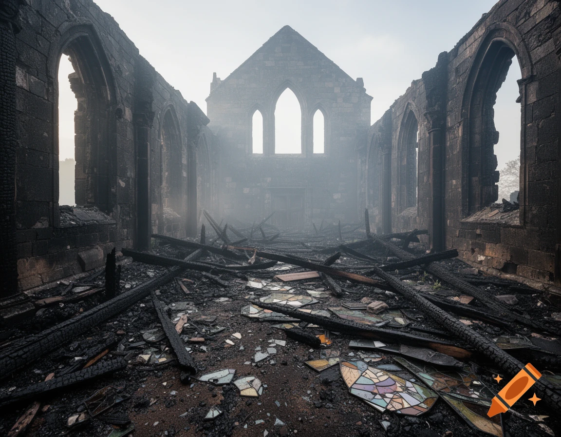Burnt remains of a church interior with collapsed roof, debris, and shattered stained glass on the floor, under a hazy sky.