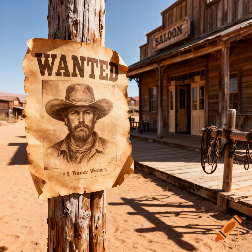 A sepia-toned 'WANTED' poster featuring a bearded cowboy in a hat is tacked to a wooden post in a dusty Old West town, with a 'SALOON' building in the background.