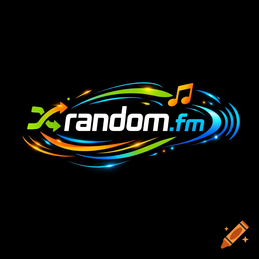 A vibrant logo for random.fm featuring flowing green, orange, blue, and white lines, a musical note, and arrows, all on a black background.