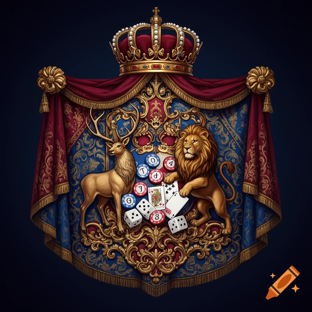 A richly detailed, regal coat of arms featuring a golden deer and a lion, a crown, and casino elements like dice, playing cards, and chips.