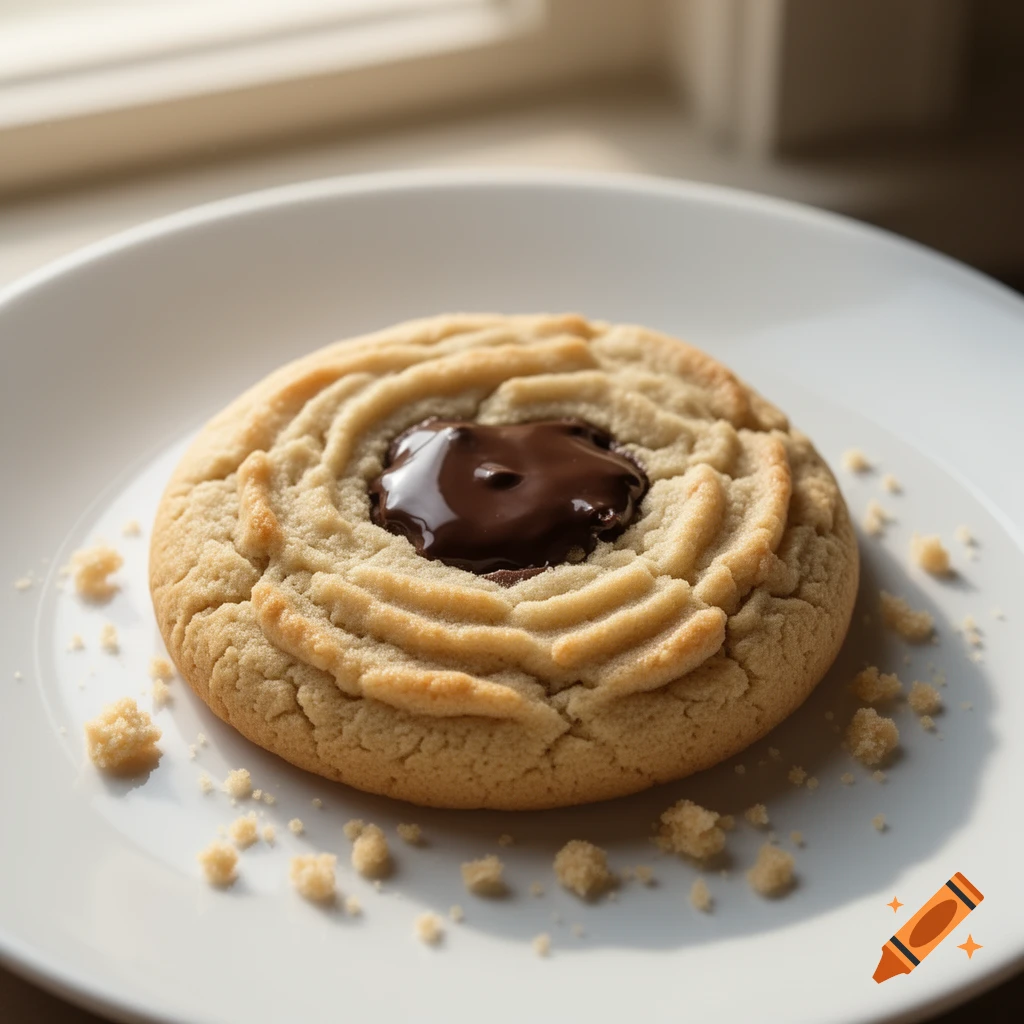 Photorealistic image of a light tan cookie with ridged edges and a melted chocolate center, on a white plate with crumbs.