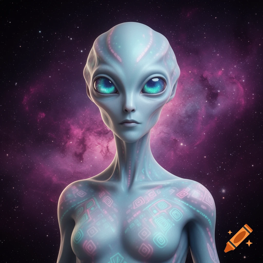 Close-up portrait of a grey alien with large, glowing blue eyes and intricate patterns, against a purple nebula in space.