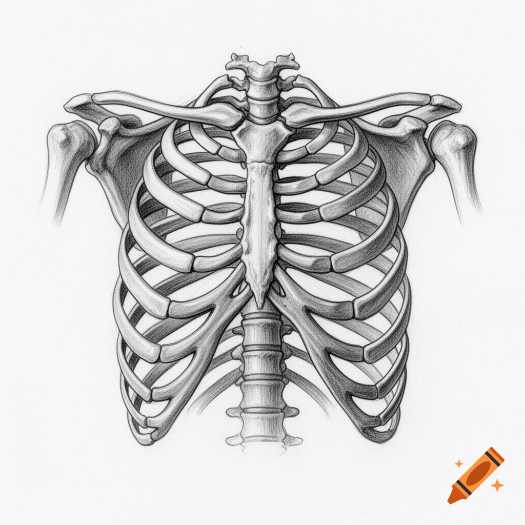 Detailed pencil sketch drawing of a human ribcage, shoulder bones, and upper spine on a white background.
