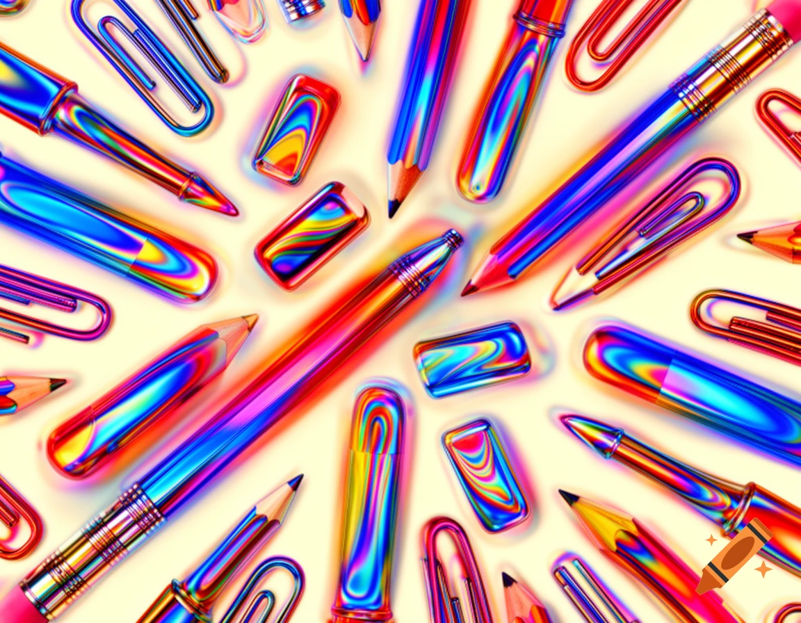 Luminous, vibrant, iridescent chrome pens, pencils, paper clips, and erasers scattered on a light background.
