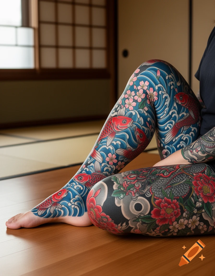 Person's legs covered in vibrant Japanese Irezumi tattoos with koi fish, waves, cherry blossoms, a dragon, and peonies in a traditional room.