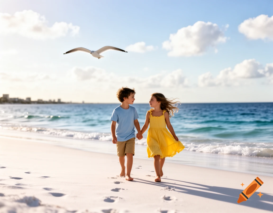 A boy and girl walk hand in hand along a sunny white sand beach with an ocean and a seagull in the background.