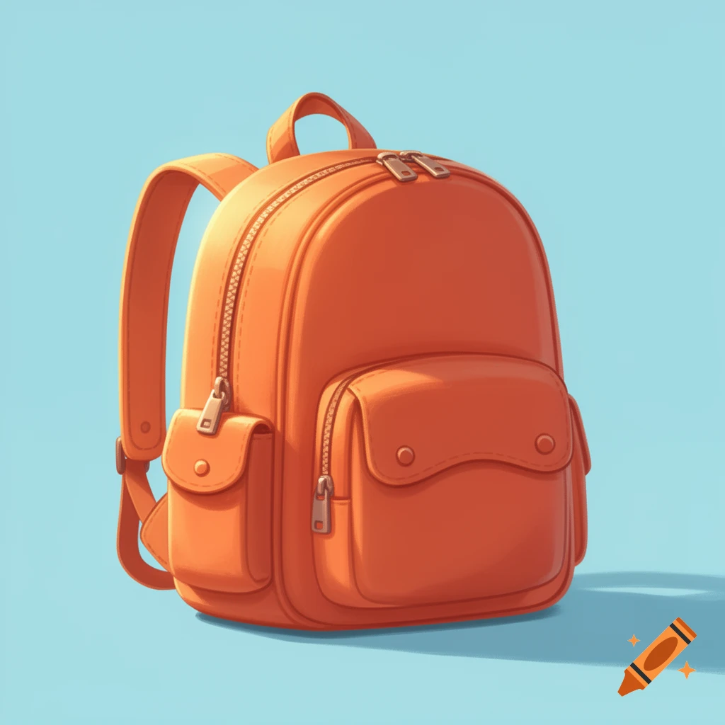 A bright orange cartoon backpack with zippers and pockets on a light blue background.