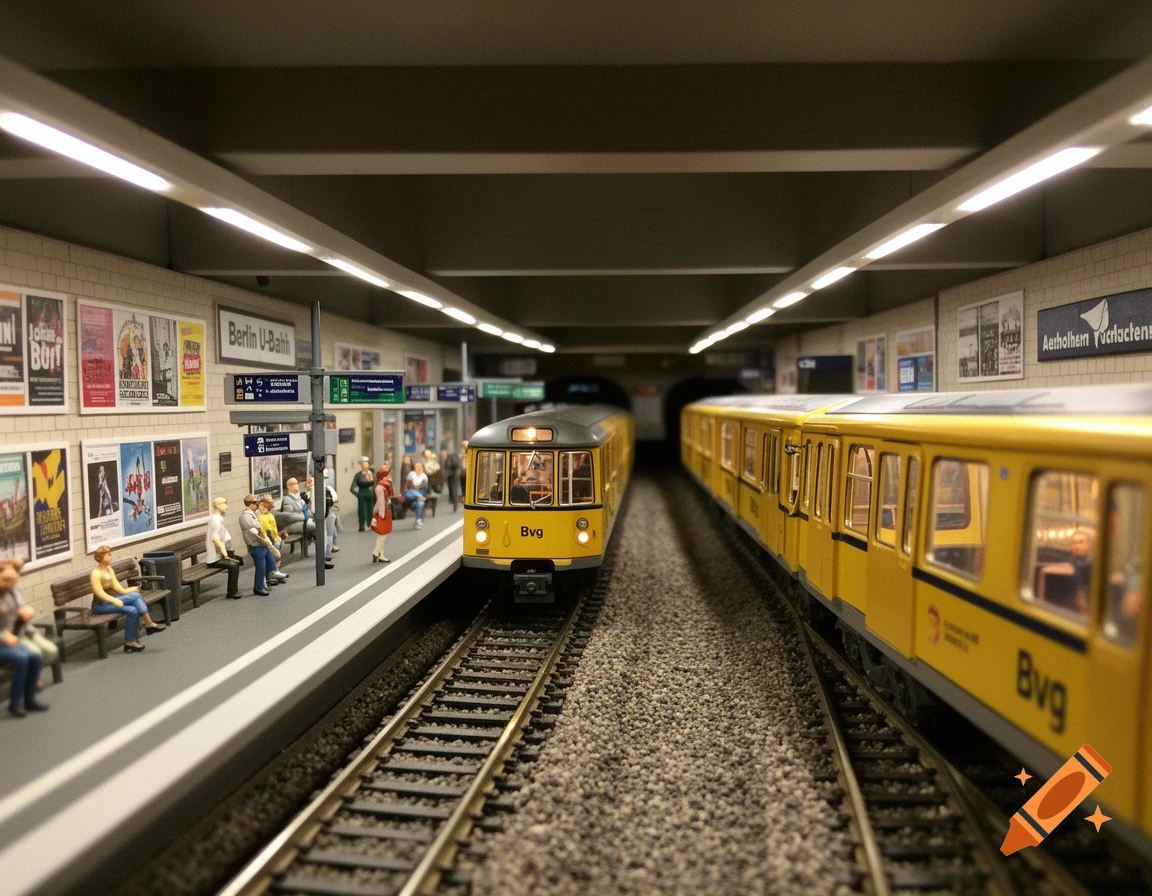 A detailed model of a yellow Berlin U-Bahn subway train arriving at an underground station with miniature people waiting on the platform.