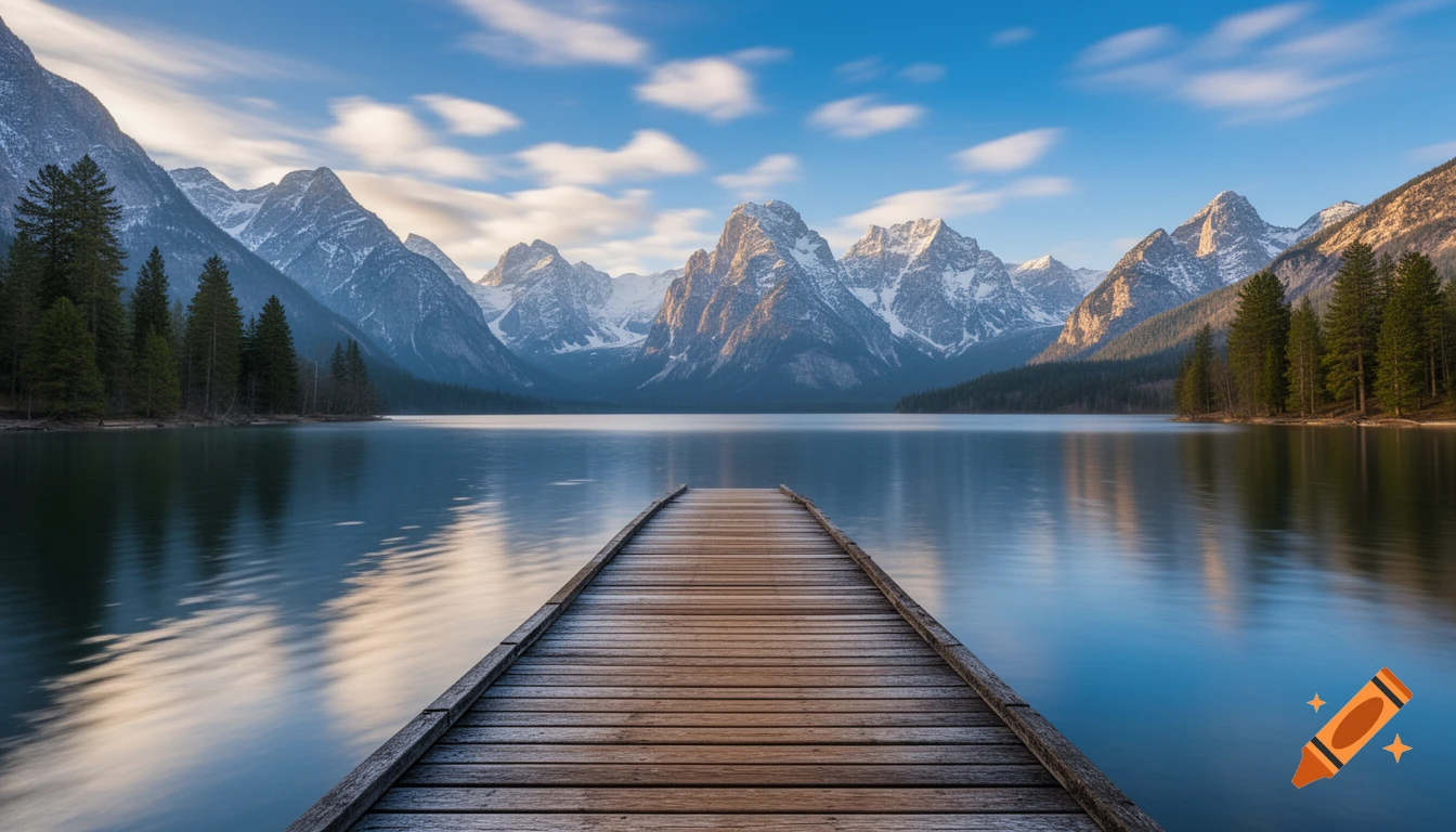 A long wooden pier extends into a calm mountain lake under a blue sky with streaky clouds, surrounded by snow-capped peaks.