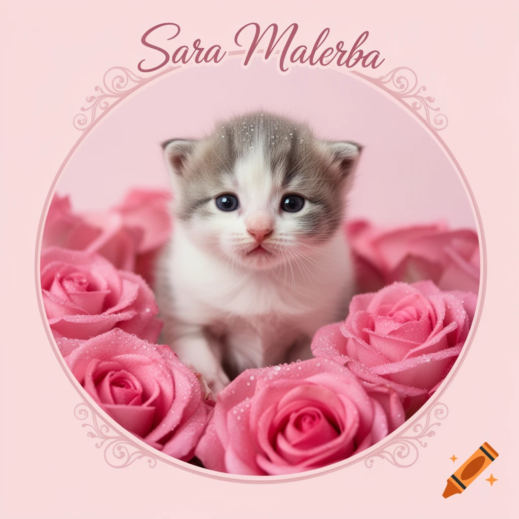 A cute white and grey kitten with blue eyes sits among dew-kissed pink roses, framed by a decorative circle with "Sara Malerba" text.