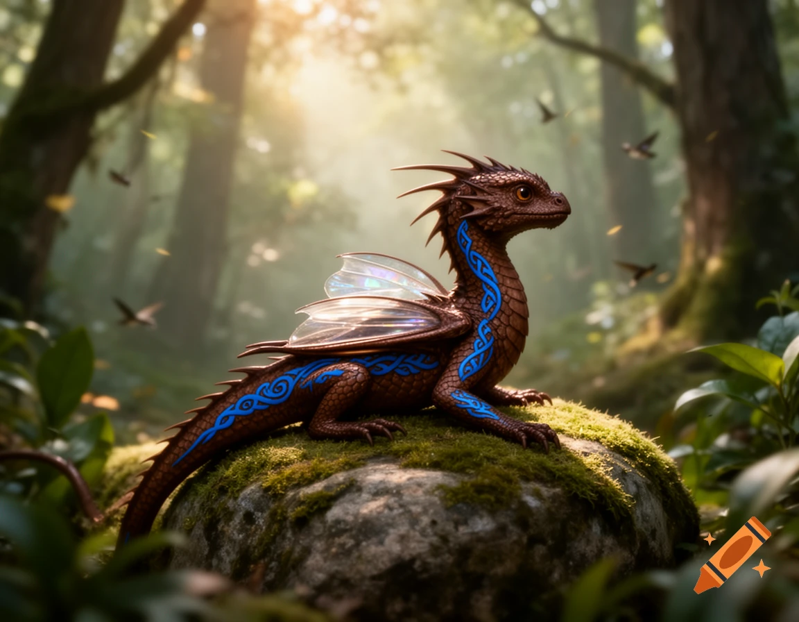 A cute, brown dragon with blue Celtic patterns and clear wings sits on a mossy rock in a sunny forest.