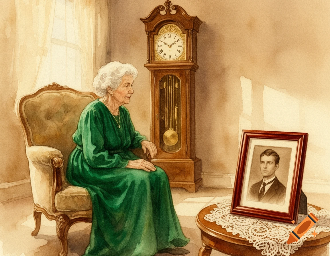 A watercolor painting of an elderly woman in a green dress seated in an armchair, gazing at a framed photo of a man on a nearby table, next to a grandfather clock.