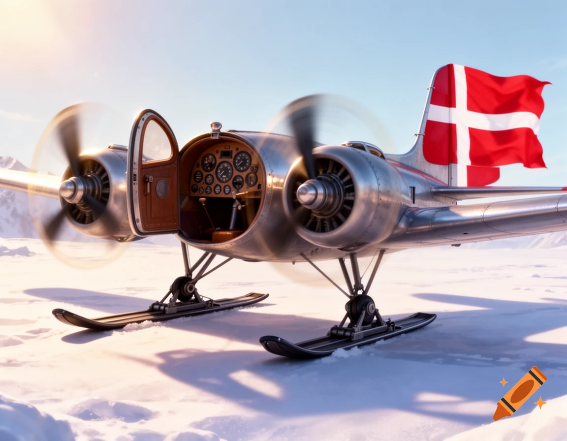 A vintage silver airplane with skis and a Danish flag on its tail is parked on a snowy plain, with its cockpit door open and propellers spinning.