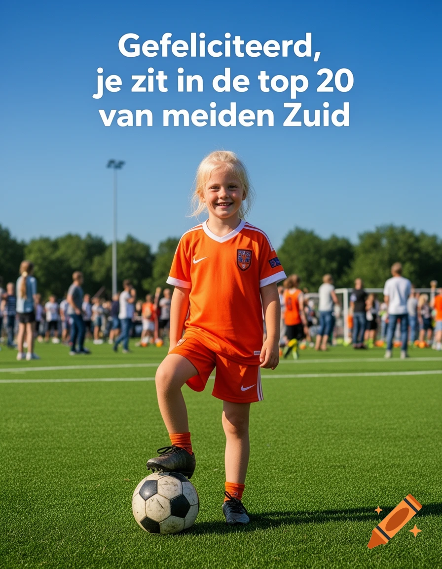 Smiling blonde girl in orange soccer uniform with foot on a ball on a green field. Text: Gefeliciteerd, je zit in de top 20 van meiden Zuid.