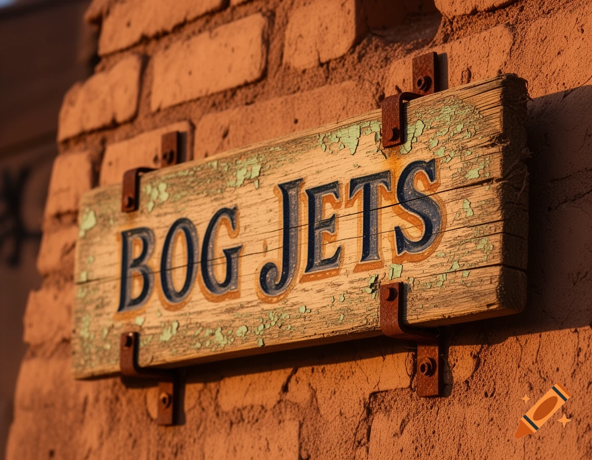 Weathered wooden sign 'BOG JETS' with peeling green paint, attached to a rustic brick wall, bathed in warm light.
