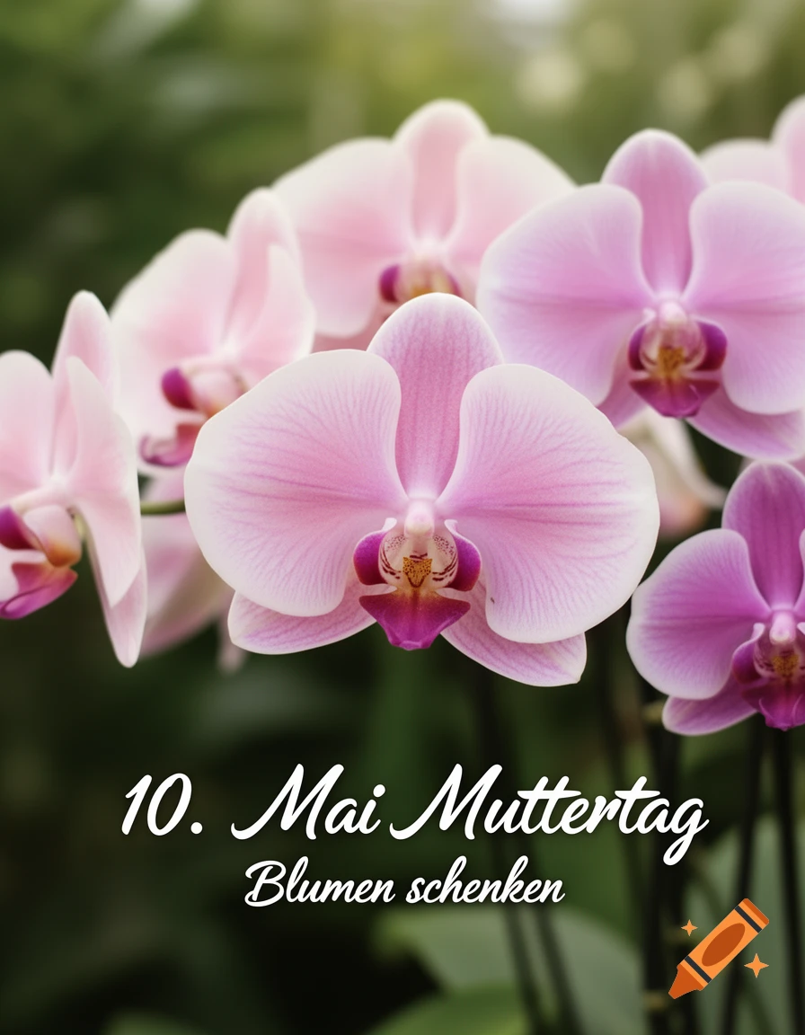 Close-up of vibrant pink orchids with white and purple centers, featuring the German text "10. Mai Muttertag Blumen schenken"
