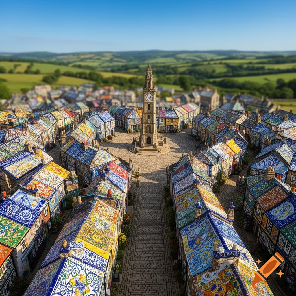Aerial view of a vibrant town with intricate tiled roofs surrounding a clock tower, rendered with a tilt-shift effect.