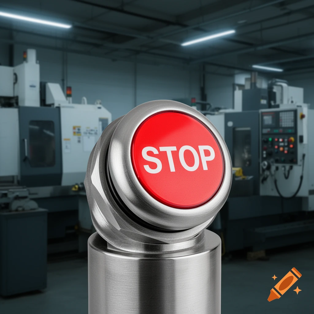 A close-up of a red STOP button on a brushed metal cylinder in a blurred industrial factory setting with machinery.