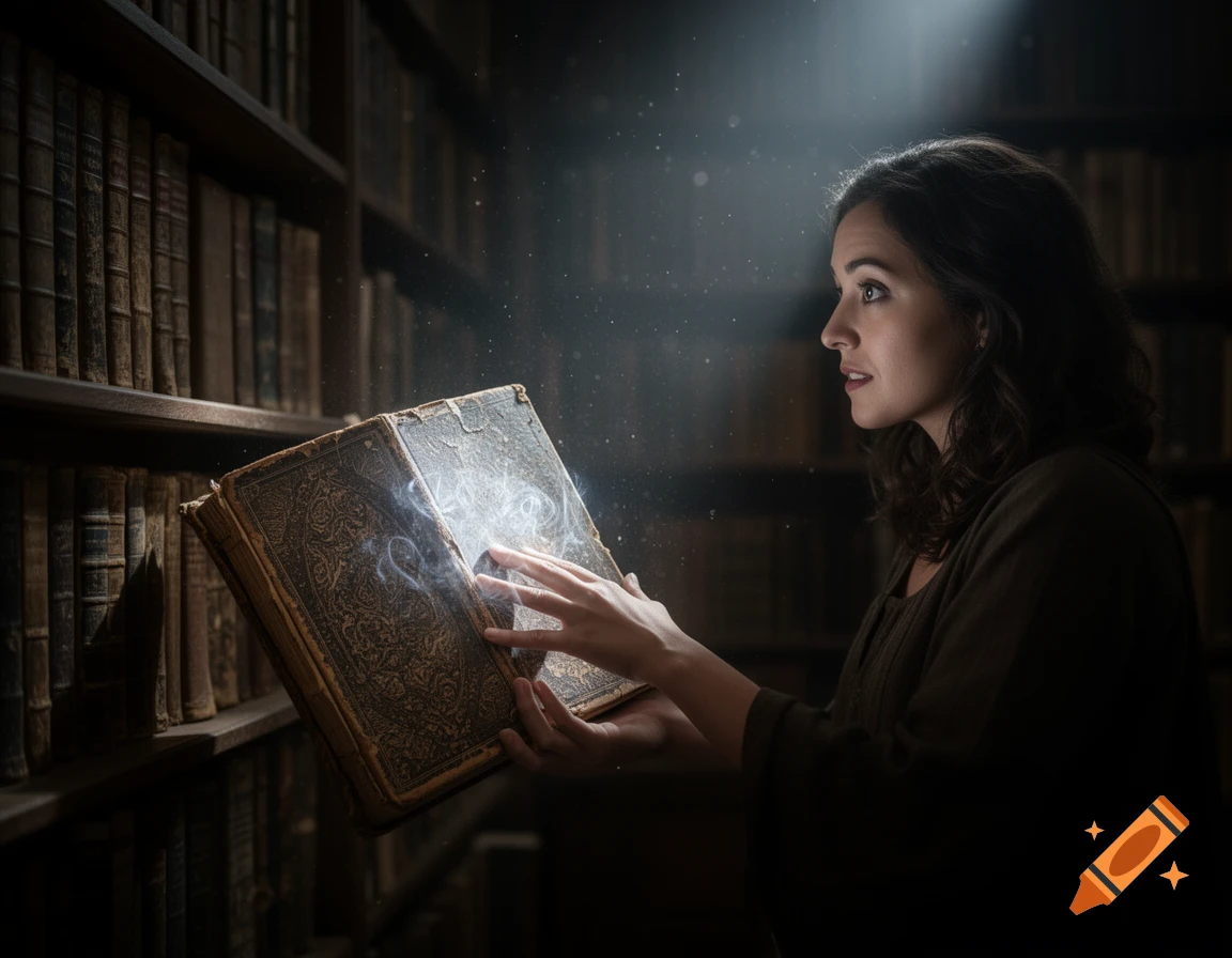 Photorealistic image of a woman in a dimly lit library holding an ornate, glowing magic book with wisps of light.