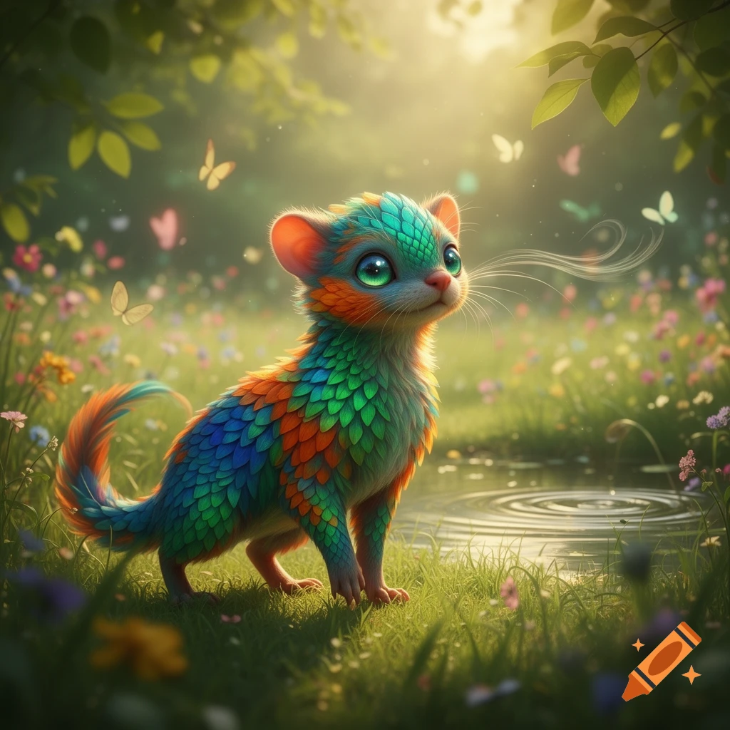 A vibrant, scaly fantasy creature with big green eyes stands in a sunlit meadow among colorful flowers and butterflies.