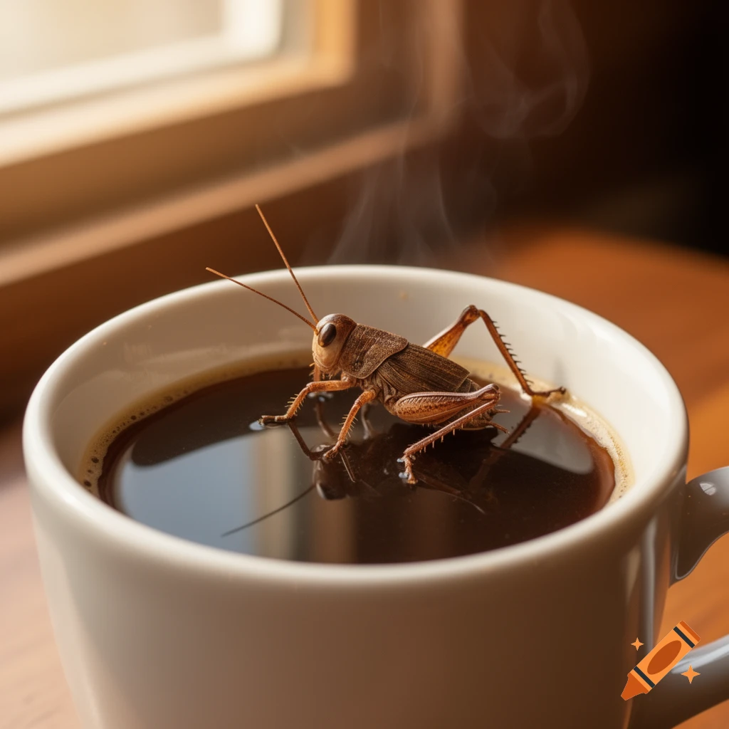 A close-up, photorealistic shot of a brown cricket sitting in a white coffee cup filled with dark coffee, emitting steam.
