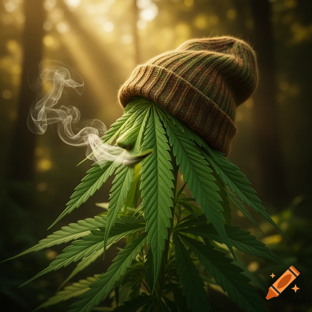 A green cannabis leaf with a human face and beanie hat, smoking against a blurred, sunlit forest background.