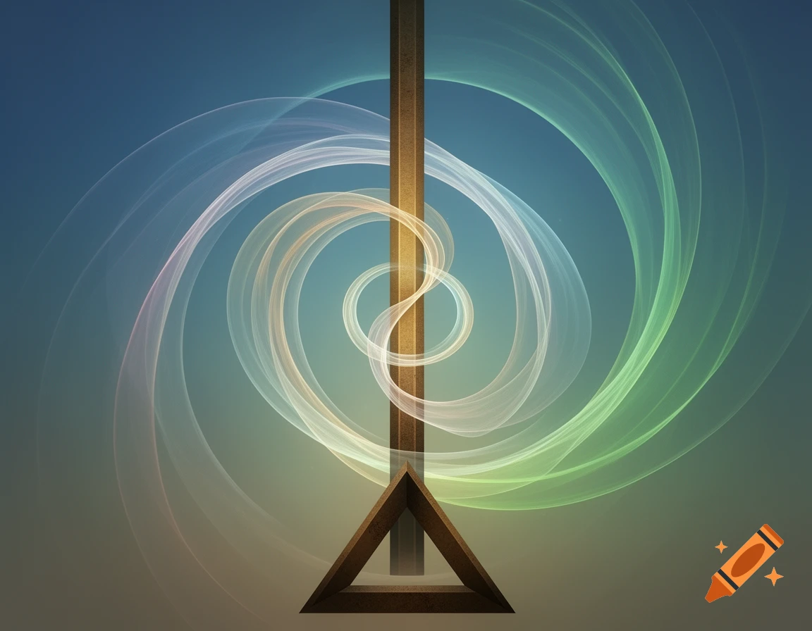 A brown vertical pillar stands on a triangular base, surrounded by translucent, swirling colorful light trails against a blue and green gradient background.