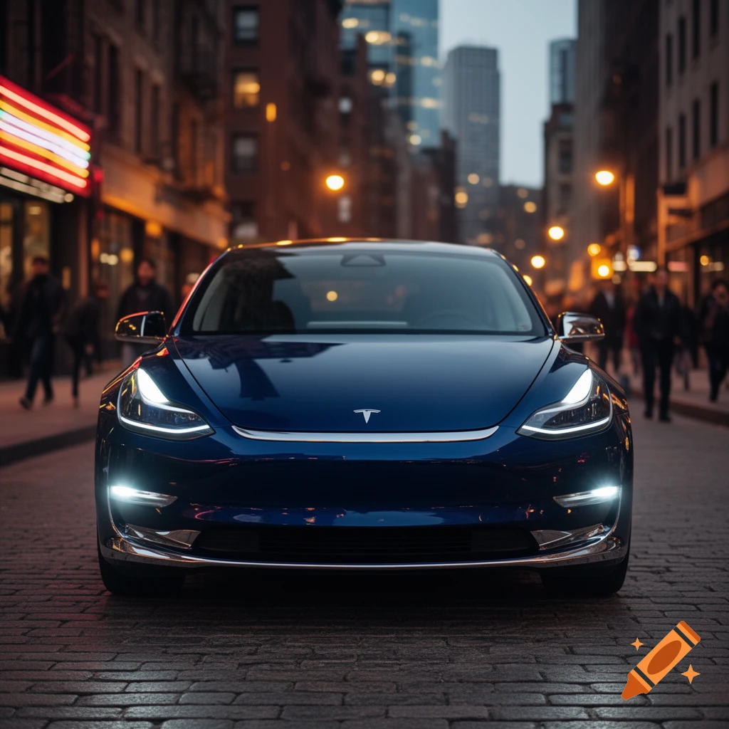A dark blue Tesla Model 3 is parked on a cobblestone street at night, with glowing headlights and a blurred city background.