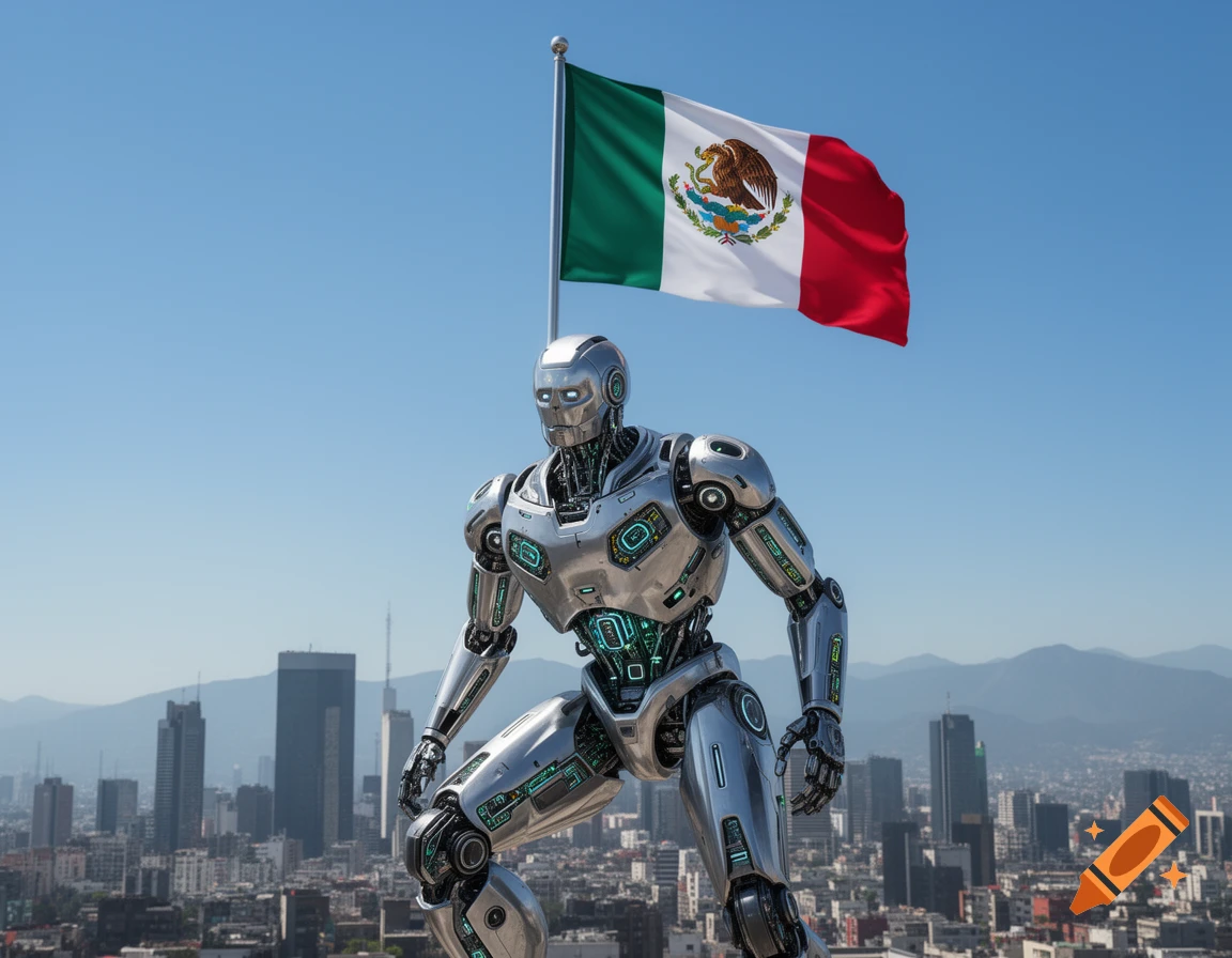Photorealistic image of a powerful silver robot crouching on a rooftop overlooking a city, with a large Mexican flag waving behind it.