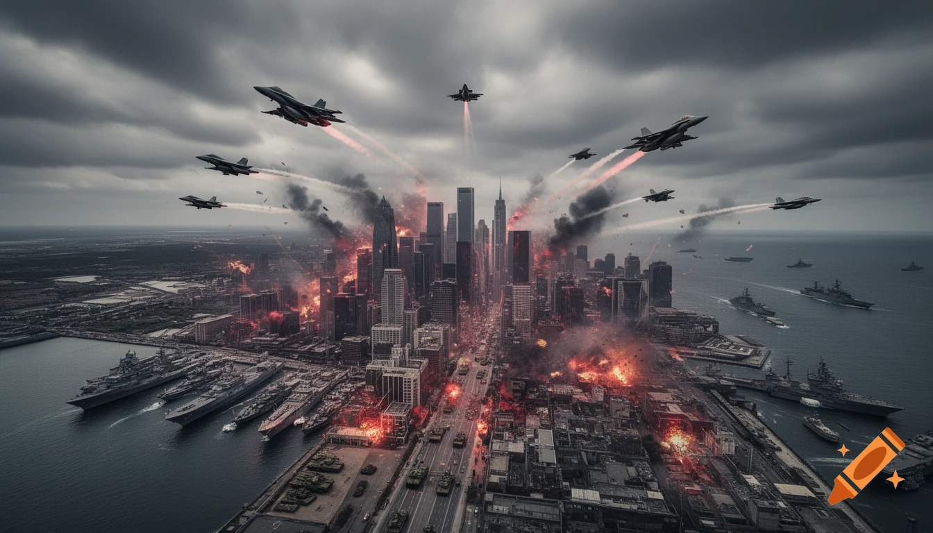 Aerial view of a city under attack with fighter jets, explosions, and warships in the harbor under a stormy sky.