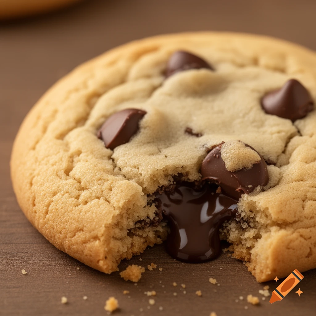 Close-up of a warm chocolate chip cookie with melted chocolate oozing from a broken section, on a wooden surface.