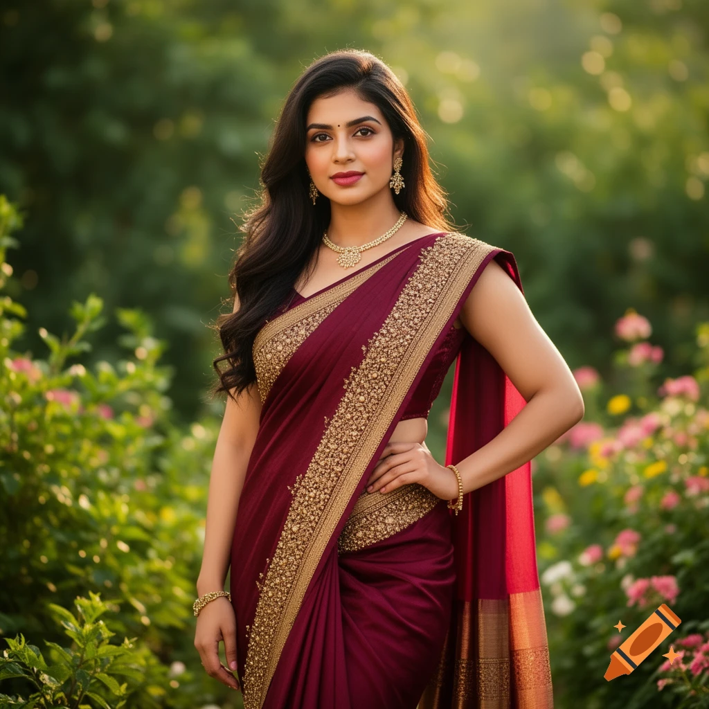 An attractive Indian woman in a richly embroidered maroon and gold saree poses in a garden, looking directly at the viewer.