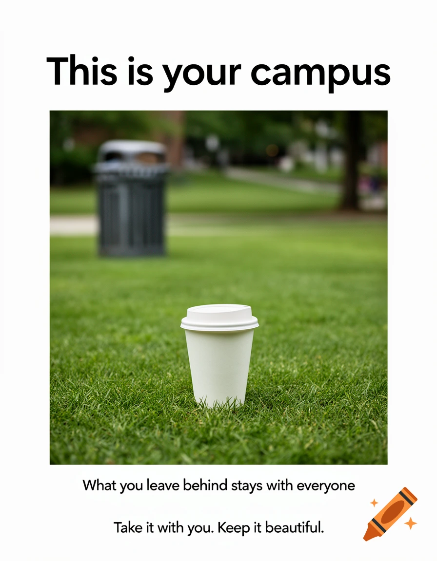A white coffee cup on a green campus lawn with a blurred trash bin, framed by text promoting cleanliness. Photorealistic poster.