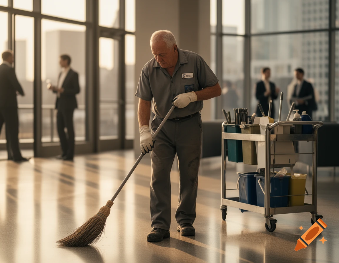 An elderly janitor sweeps the floor of a modern office lobby with a cleaning cart nearby, while blurred businesspeople stand in the background.