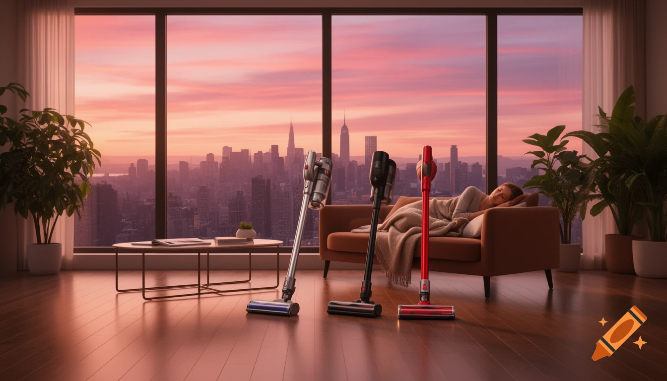 Three vacuum cleaners in a modern room with a sleeping person on a couch, city view at sunset. Photorealistic.