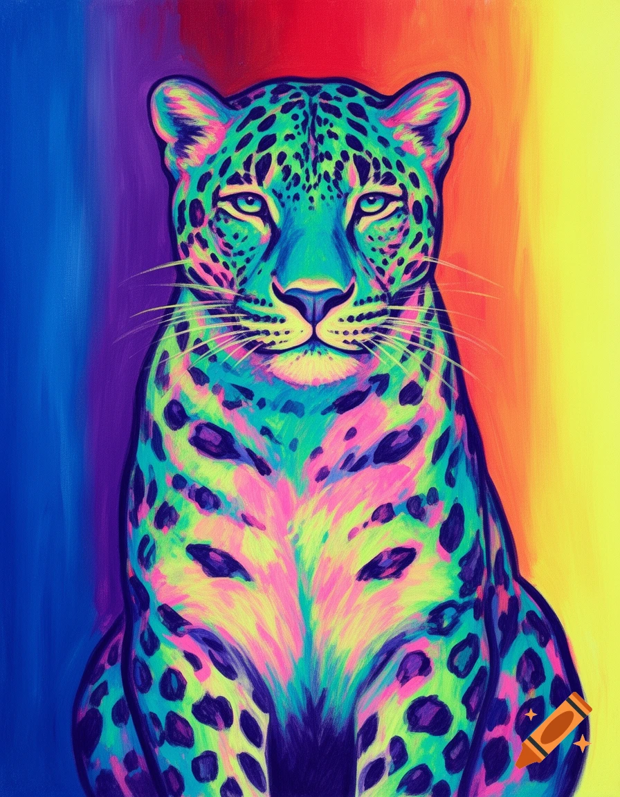 A vibrant, fauvist-style portrait of a leopard with neon pink, teal, and lime green fur, against a rainbow gradient background.