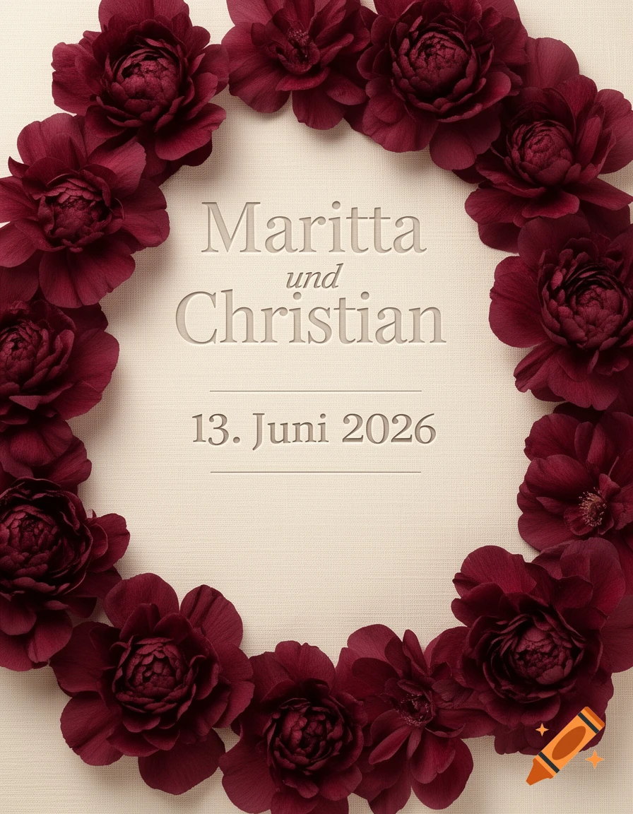 An elegant invitation for Maritta and Christian on June 13, 2026, encircled by a wreath of deep burgundy flowers on textured cream paper.