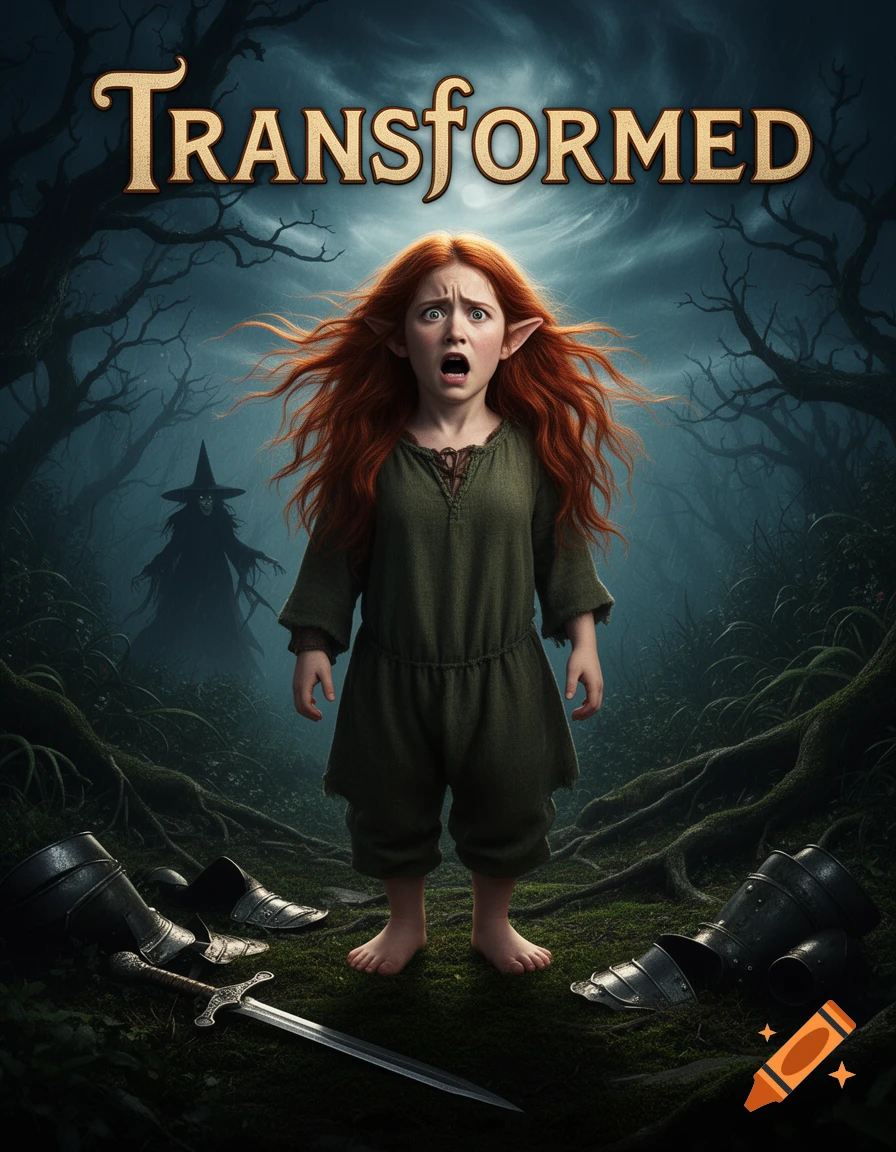 A horrified hobbit girl with long red hair and pointed ears stands in a dark forest. A shadowy witch lurks in the background. Discarded armor and a sword lie on the mossy ground. The title "TRANSFORMED" is at the top.