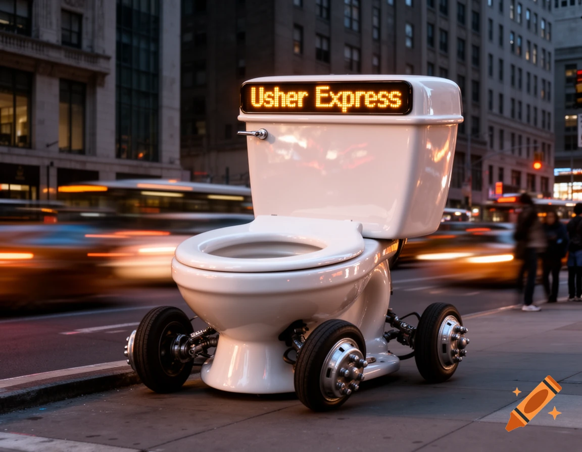 A toilet on wheels, labeled "Usher Express", sits on a city sidewalk at dusk with blurred traffic in the background.