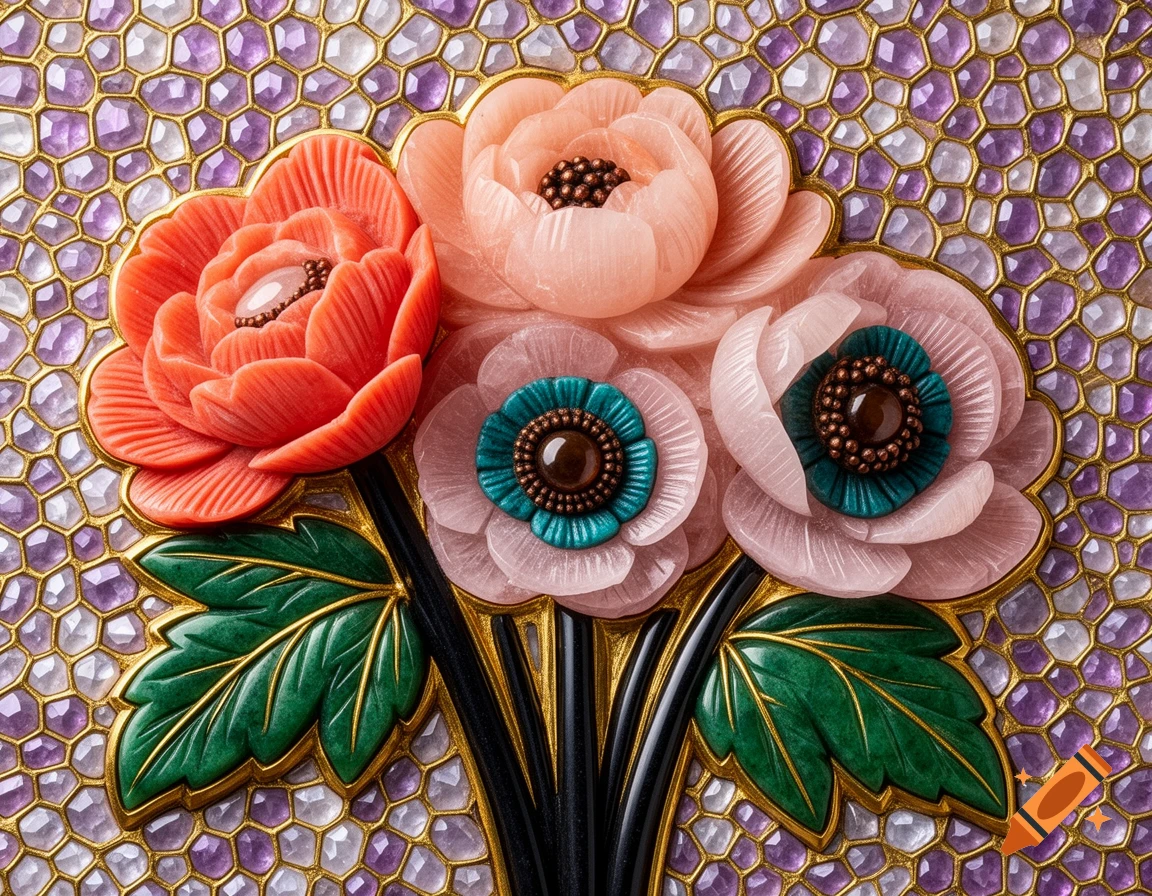 A vibrant bouquet of carved gemstone flowers with jade leaves and gold accents on a lavender and gold mosaic background.