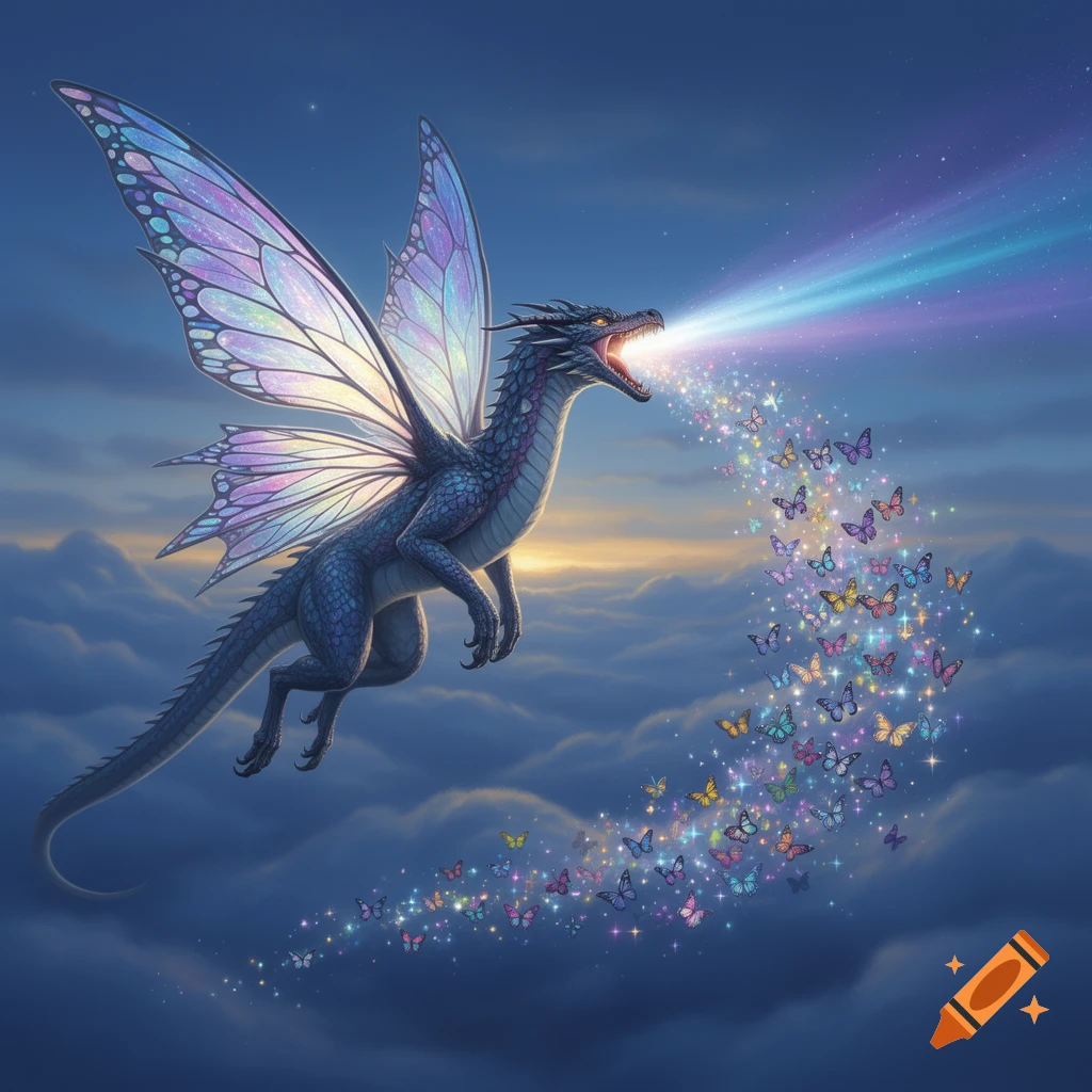 A majestic blue dragon with iridescent fairy wings flies in a cloudy sky, breathing a rainbow beam and a swarm of colorful butterflies.