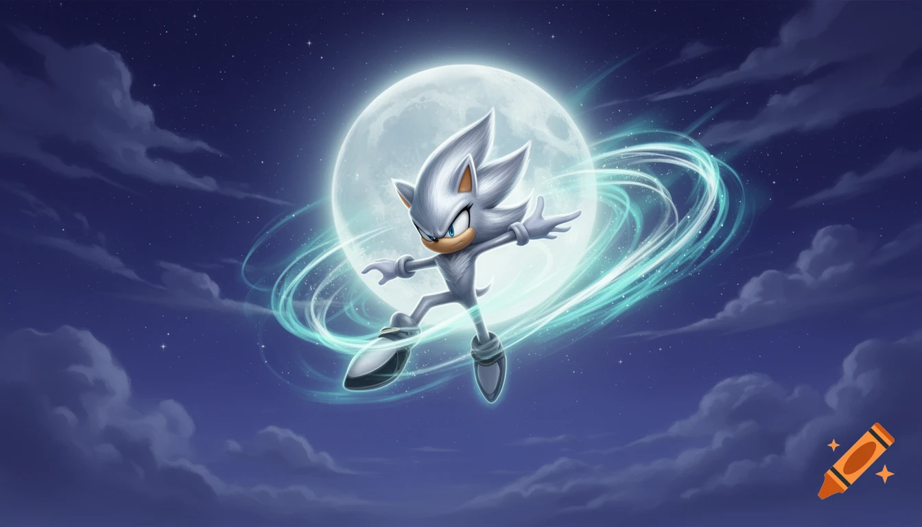 Silver the Hedgehog, a silver cartoon character, flies with glowing trails in front of a full moon in a starry night sky.